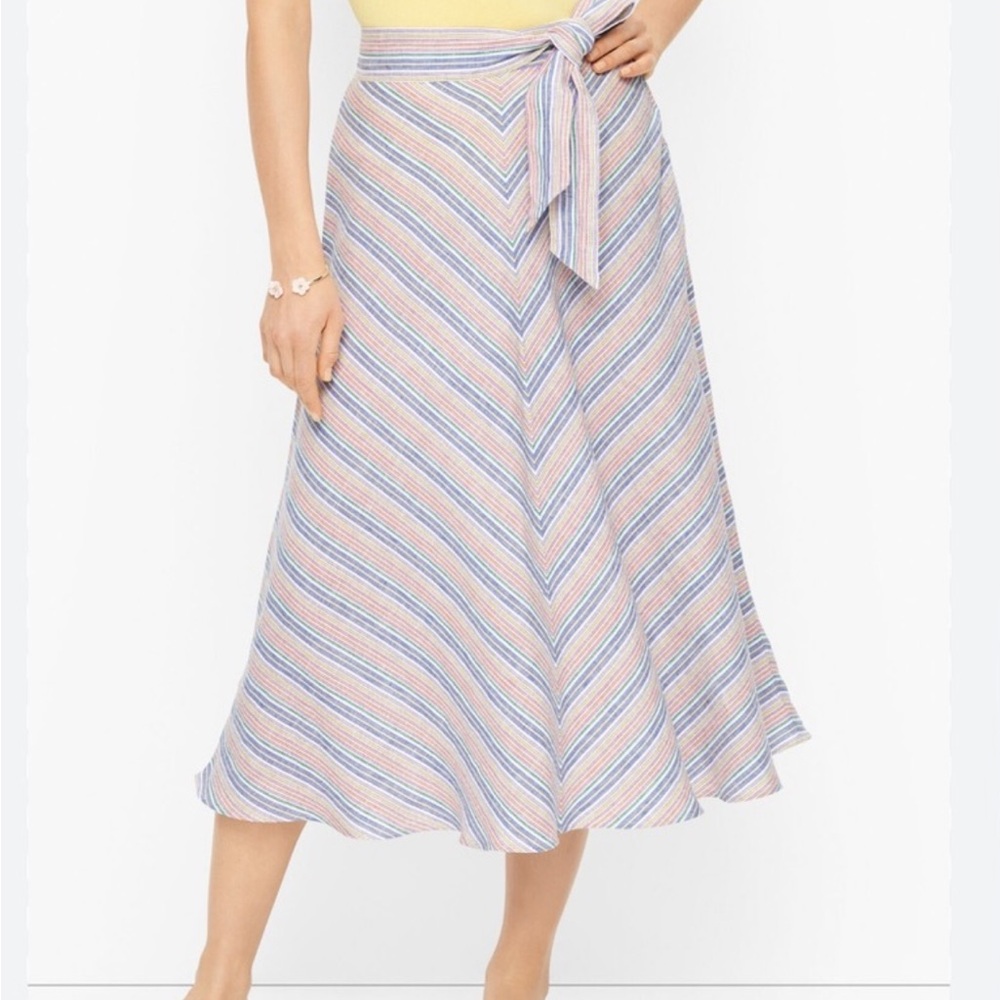 Talbots Linen Cotton Stripe Chevron Rainbow White Multi Color Midi Skirt 10 M